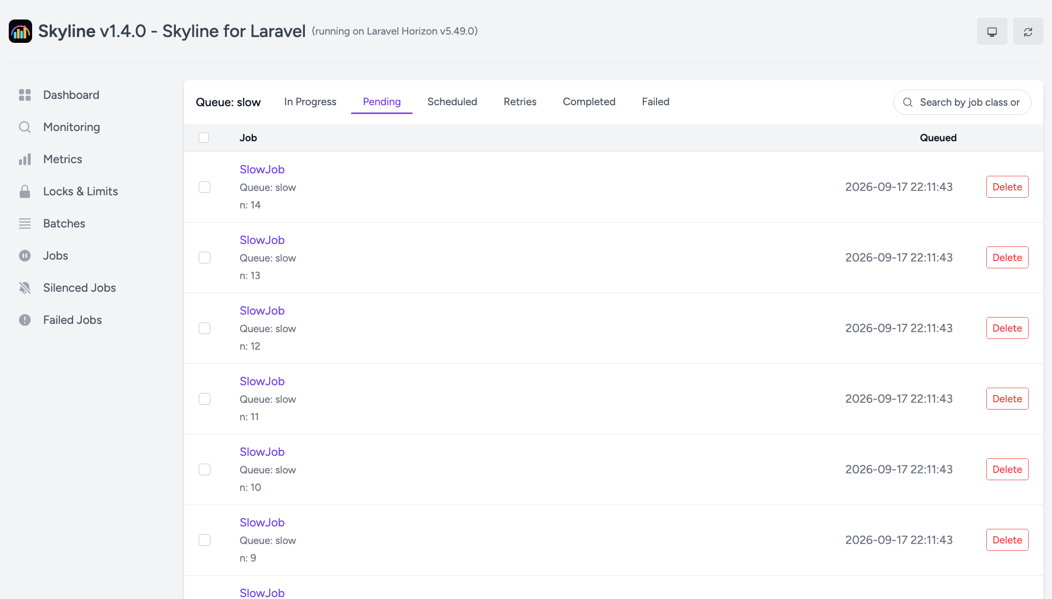 The jobs waiting inside the slow queue, each with the argument it was dispatched with, above a search box.