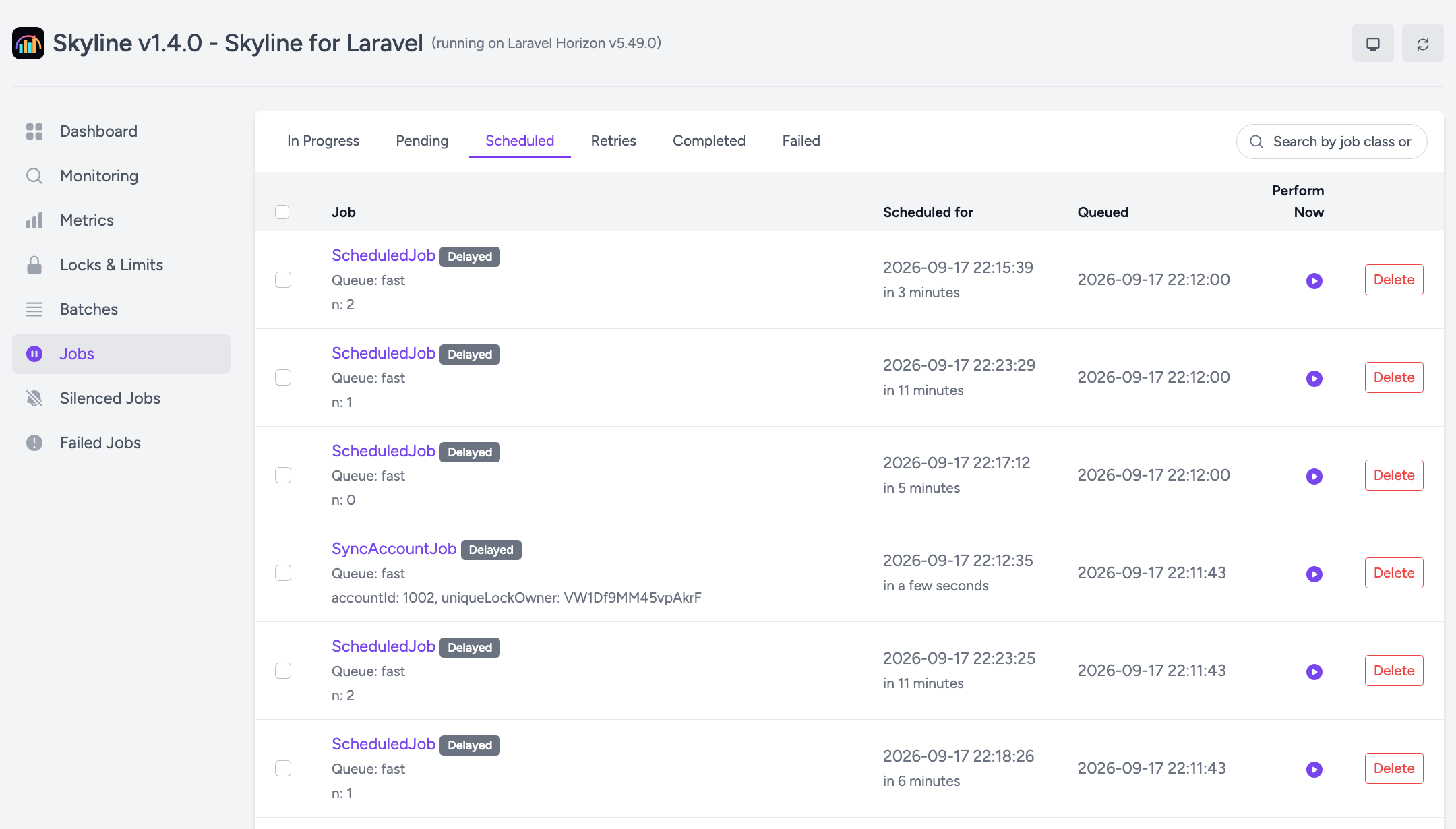 Scheduled jobs listed with a Perform Now control on each row.