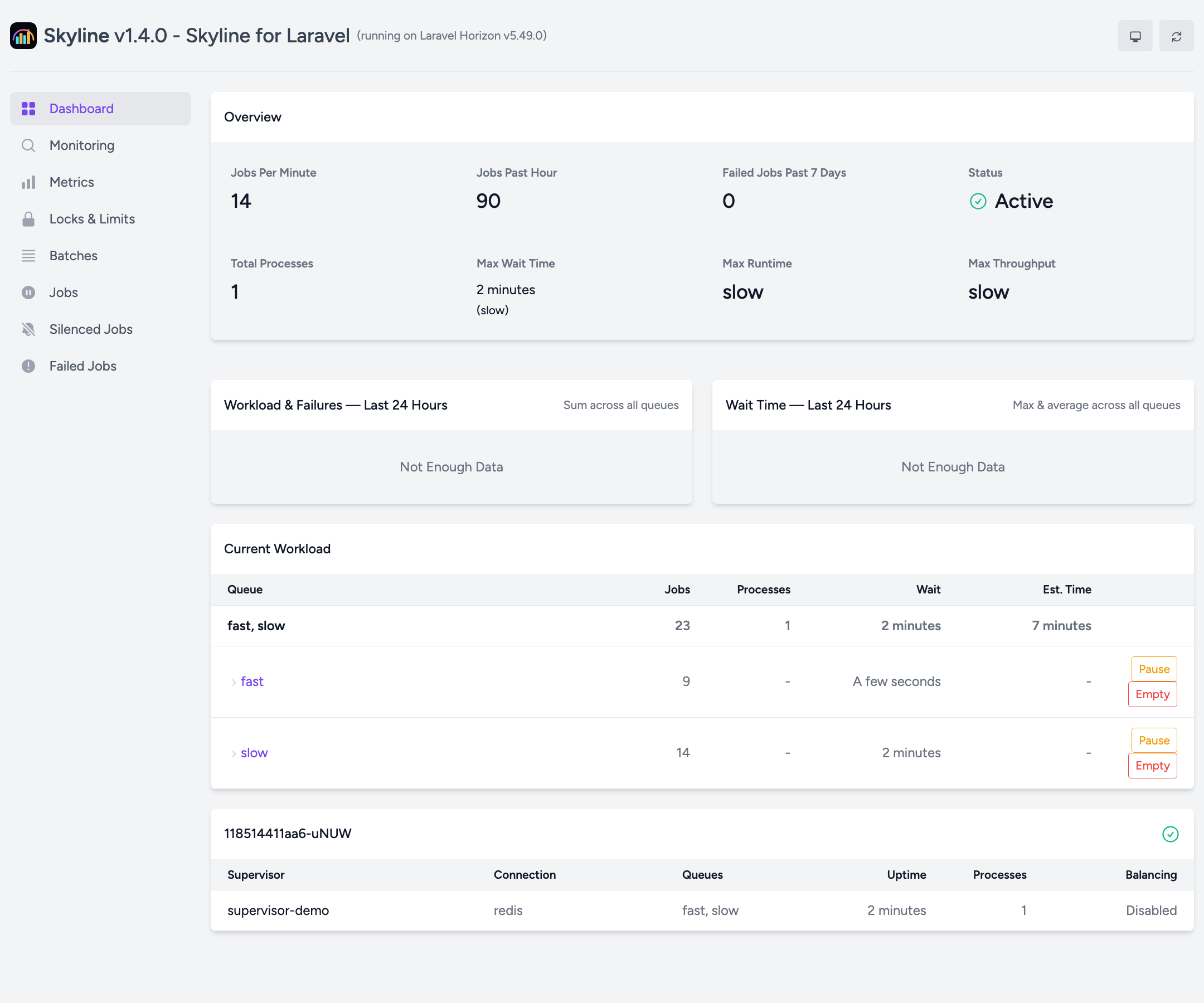 The Skyline dashboard's Current Workload table, with Pause and Empty buttons on the fast and slow queues.